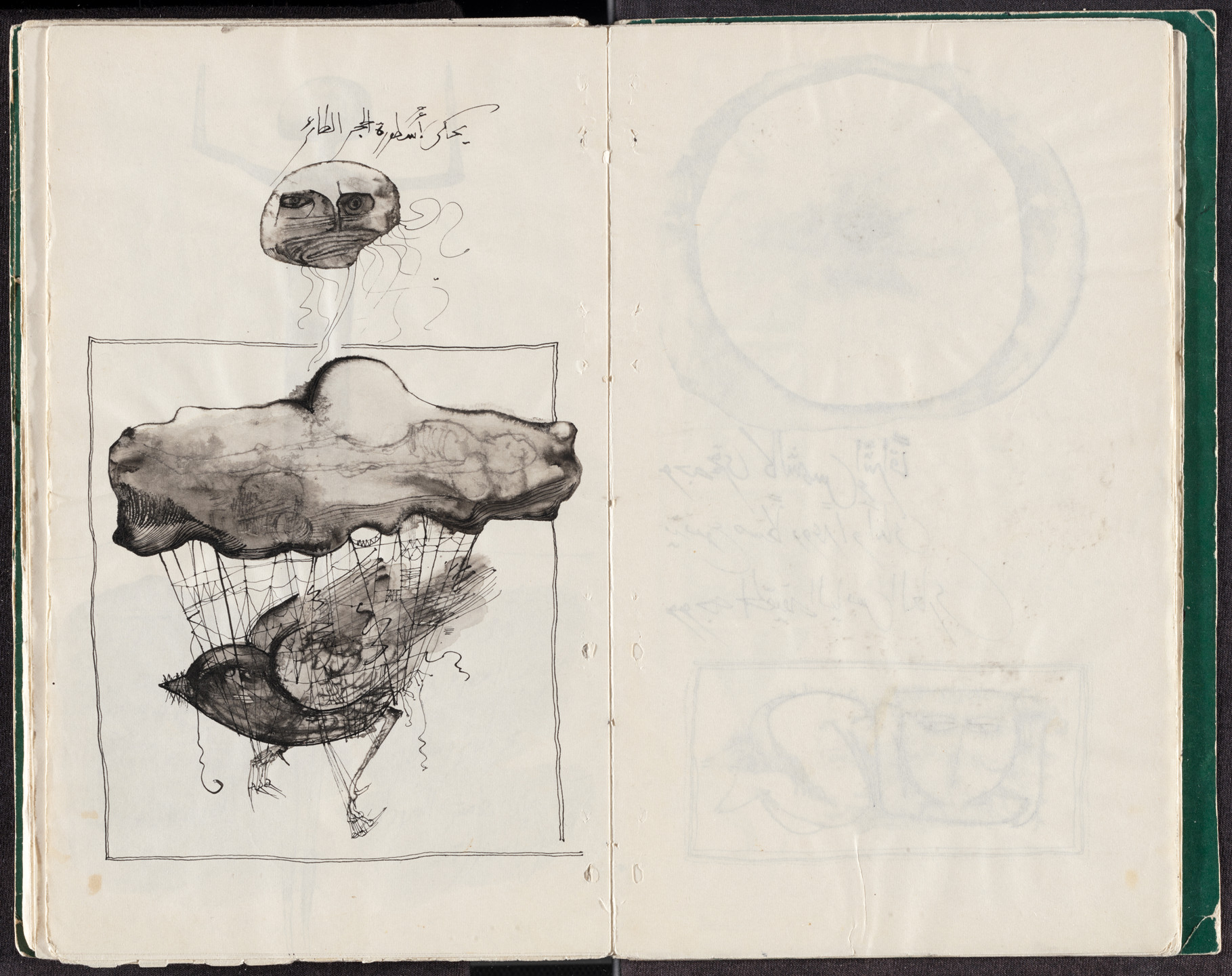 A black and white sketch shows a floating head with detailed eyes, an object resembling a cloud beneath it, and a bird with strings attached to the cloud. Arabic text is present above the head. This is an AI generated description. To give feedback, email ai@moma.org.
