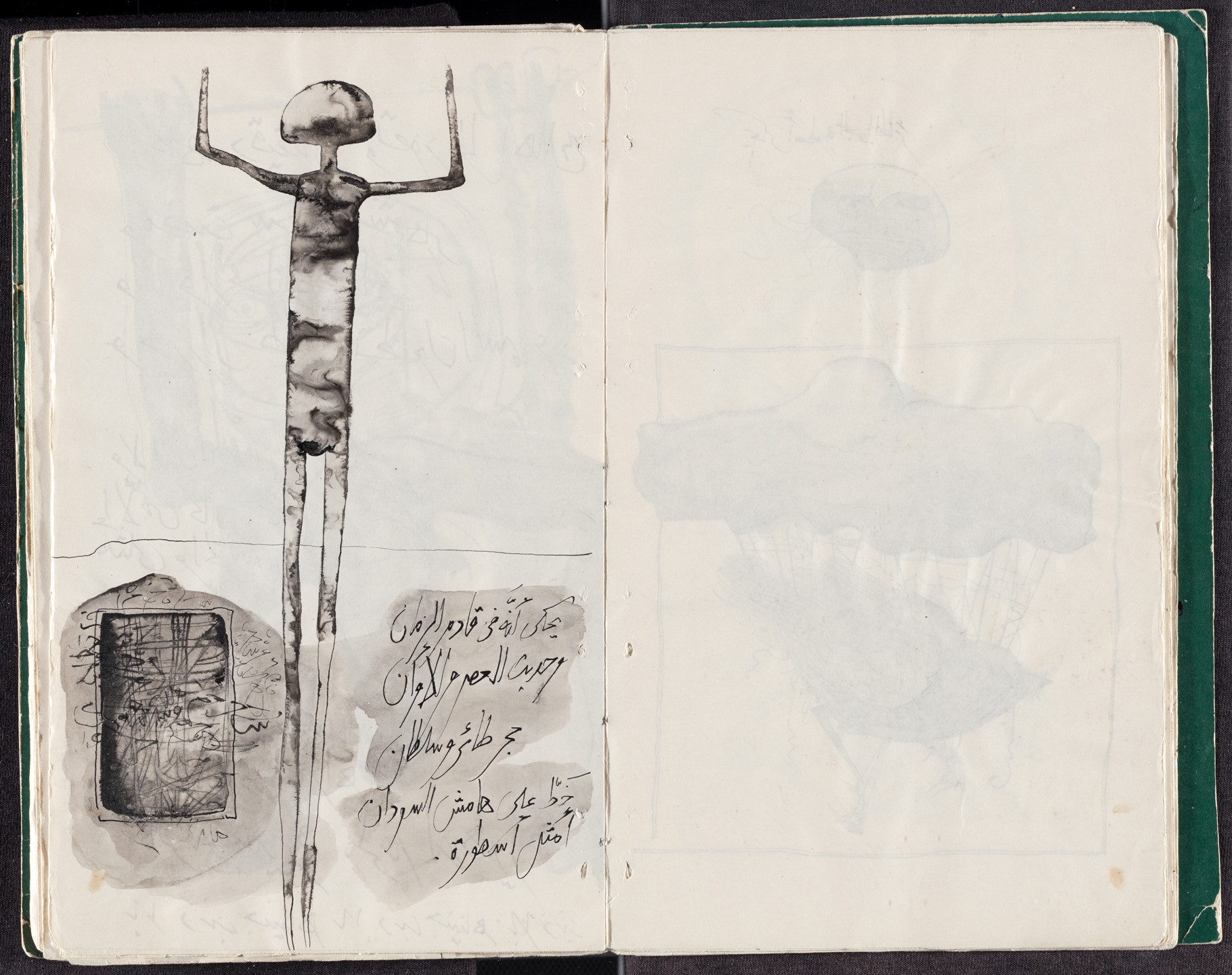 A journal page with a monochromatic tall, slender figure with outstretched arms on the left page and handwritten text below. The right page contains faint, indistinct sketches. This is an AI generated description. To give feedback, email ai@moma.org.
