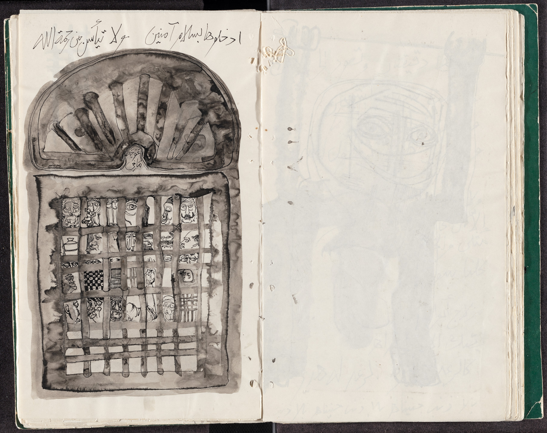 A drawing on the left page of an open book uses black ink on off-white paper. The drawing depicts a window or gate with various faces and shapes in each pane. This is an AI generated description. To give feedback, email ai@moma.org.