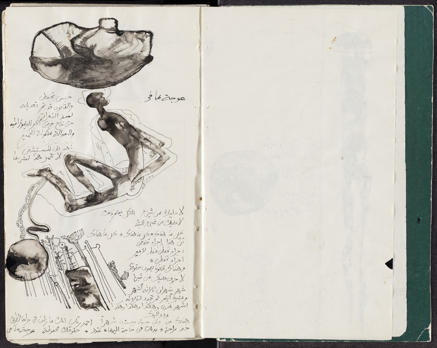 An off-white page shows black ink drawings and writing in Arabic script. On the left page are a figure, a large form above the figure's head, and geometric forms. This is an AI generated description. To give feedback, email ai@moma.org.