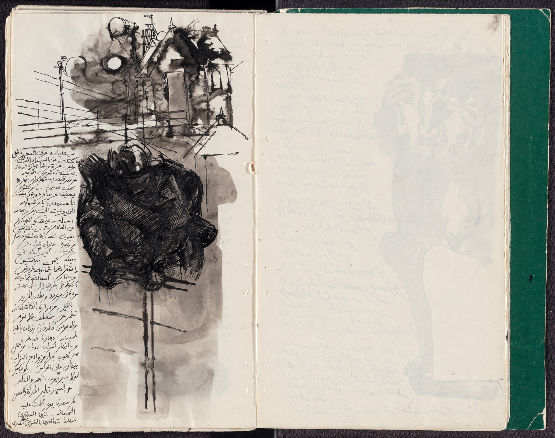 A two-page spread from a bound book depicts heavy black ink drawings and writing in Arabic on an off-white background. The left page features a cluster of scribbles over gray washes, resembling a silhouetted figure and building with utility poles and wires. This is an AI generated description. To give feedback, email ai@moma.org.