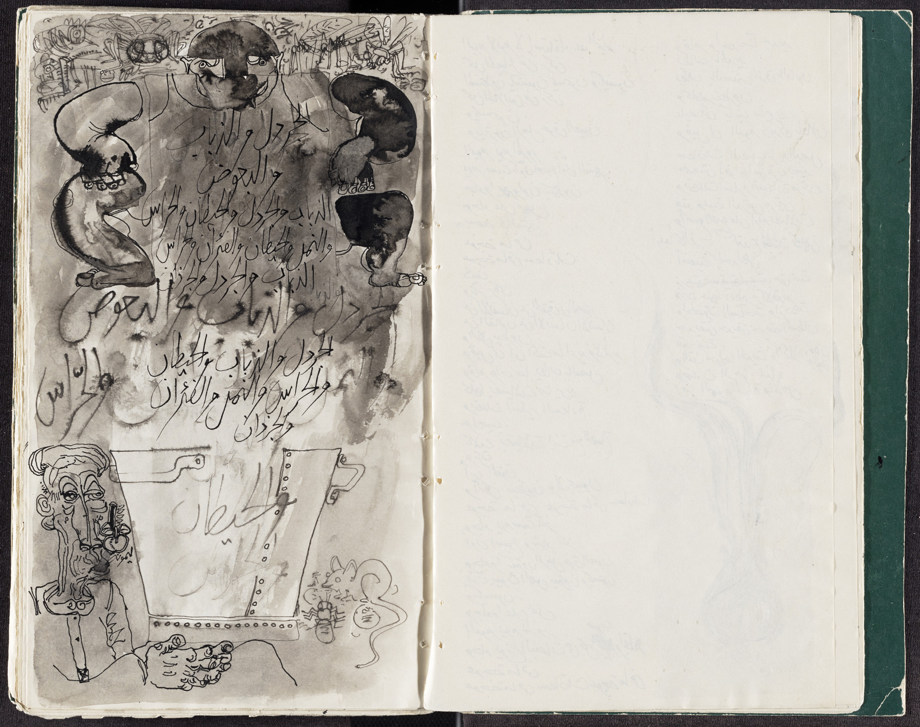 An open notebook displays black ink drawings and Arabic script on the left side against an off-white background. The right side of the notebook is blank, except for faint blue cursive writing. This is an AI generated description. To give feedback, email ai@moma.org.