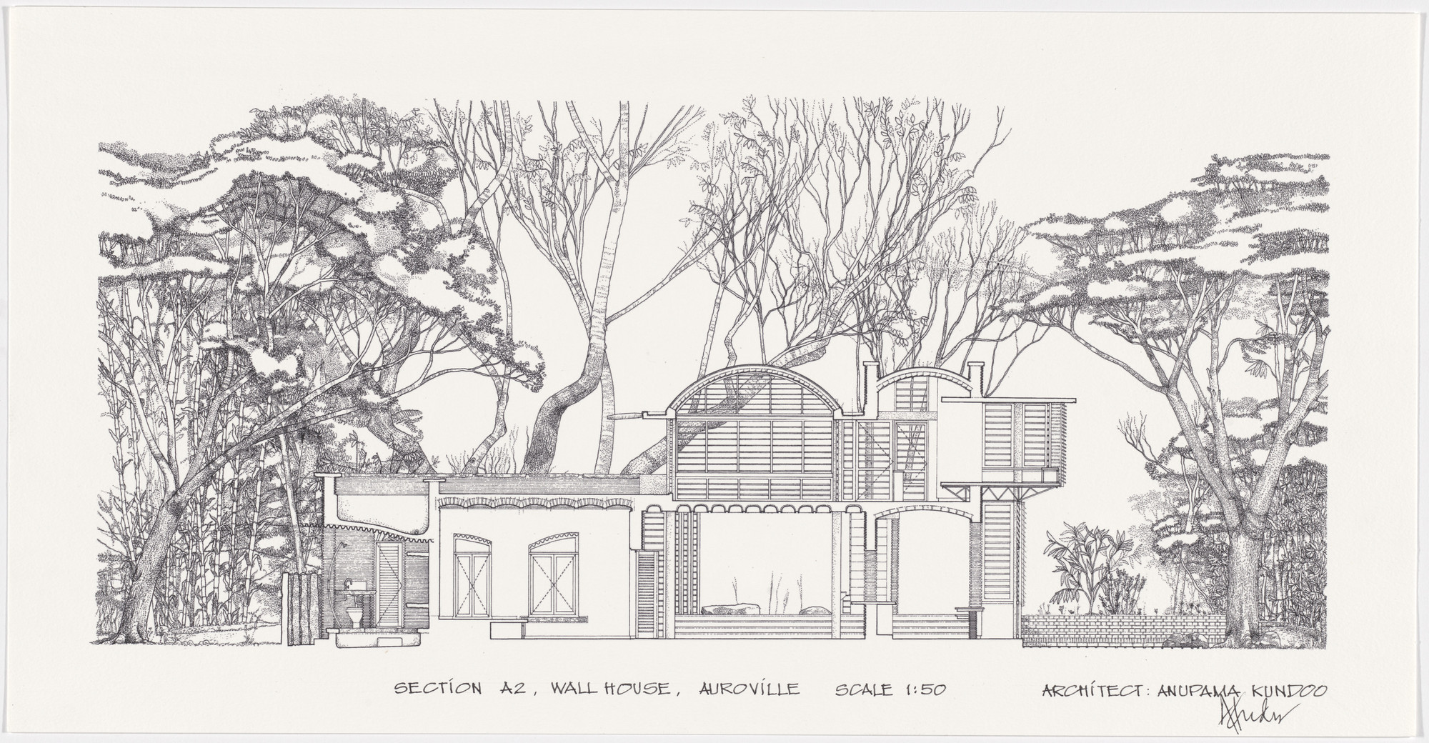 Anupama Kundoo. Wall House, Auroville, India (Section). 1997–2000