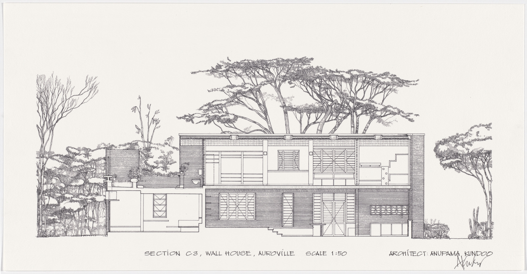 Anupama Kundoo. Wall House, Auroville, India (Section). 1997–2000