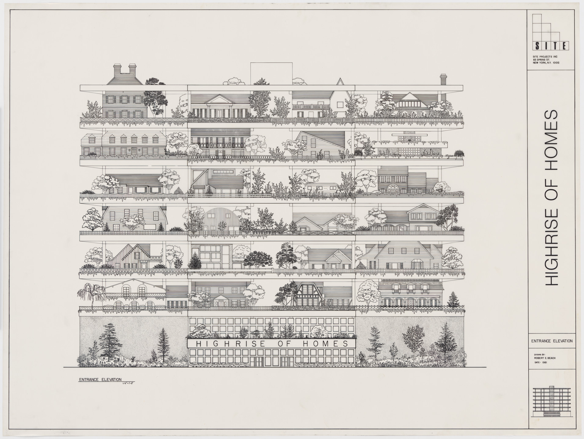 James Wines. Highrise of Homes Project (Entrance elevation). 1981
