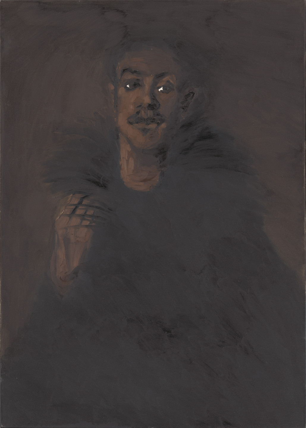 The image features a dimly lit portrait of an individual with a mustache and short hair, wearing dark clothing against a dark brown and black background. The person's face is the most illuminated part, with light reflecting off their eyes. This is an AI generated description. To give feedback, email ai@moma.org.