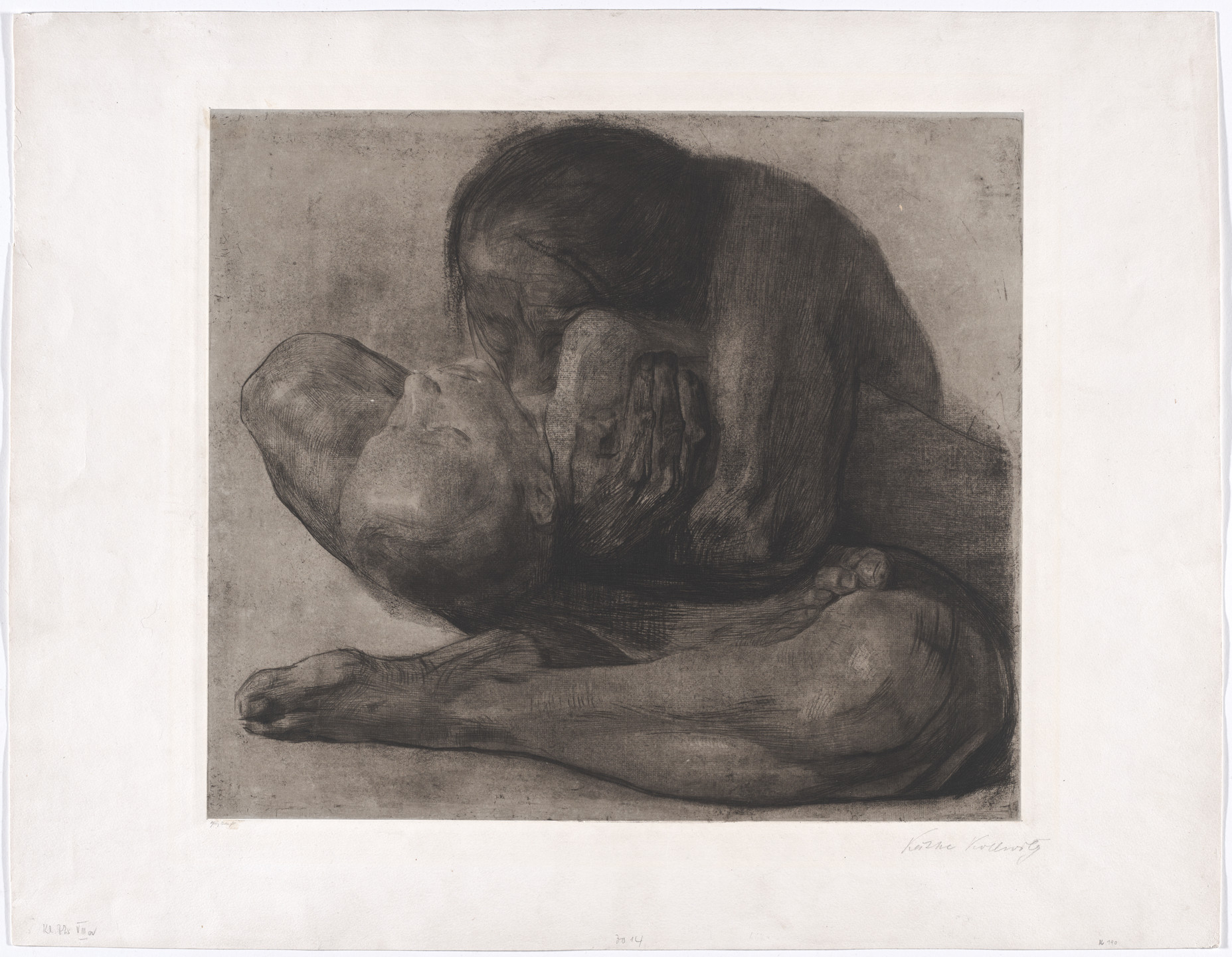 An image shows a seated figure, cradling a smaller human in a tender embrace. The predominant colors are shades of brown and gray. This is an AI generated description. To give feedback, email ai@moma.org.