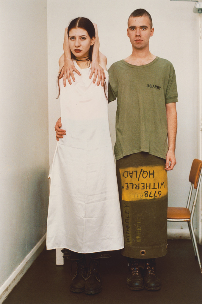 Suzanne & Lutz, white dress, army skirt