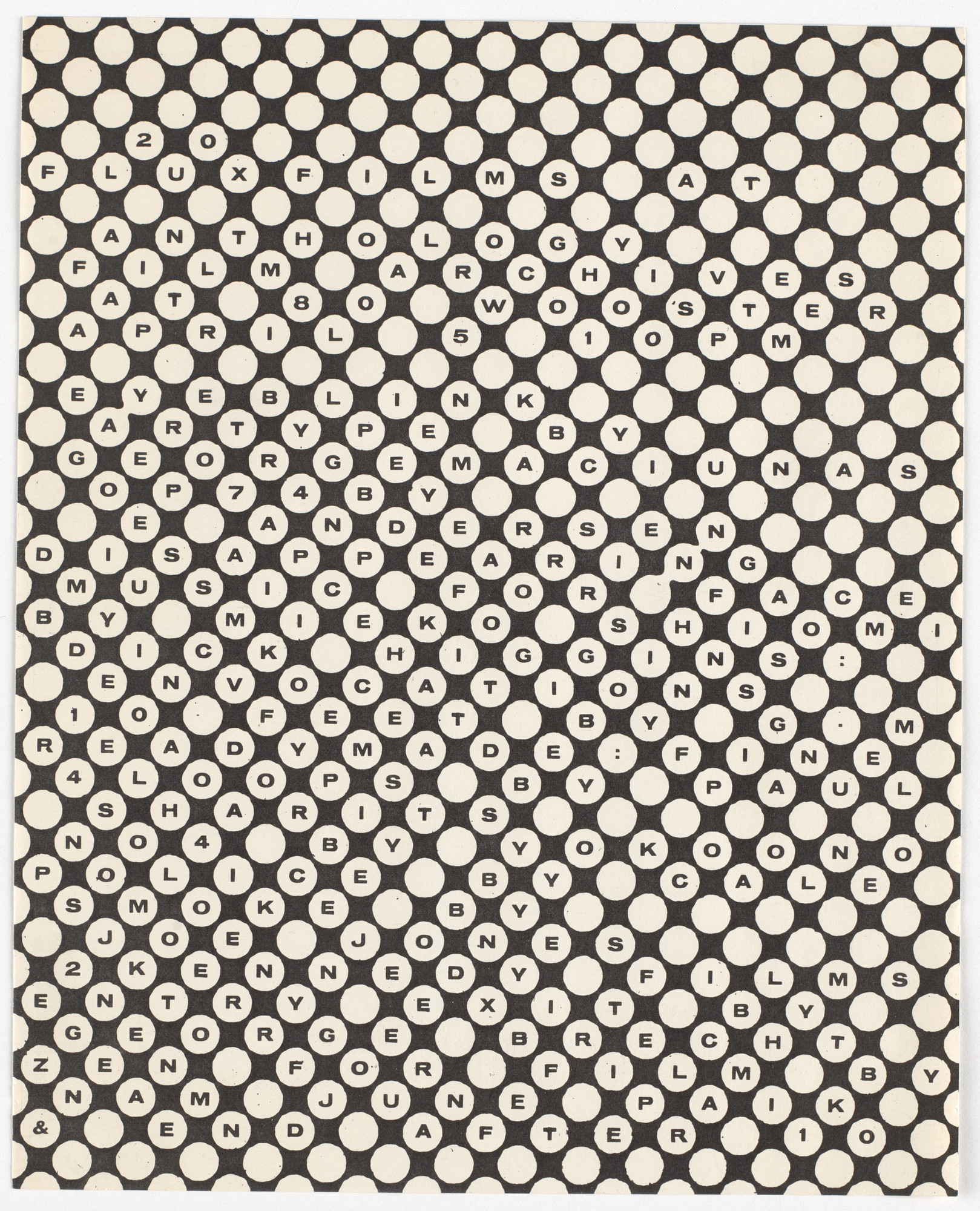 George Maciunas. Poster for 20 Fluxfilms at Anthology Film Archives, 80 Wooster Street, New York, April 5, 1977