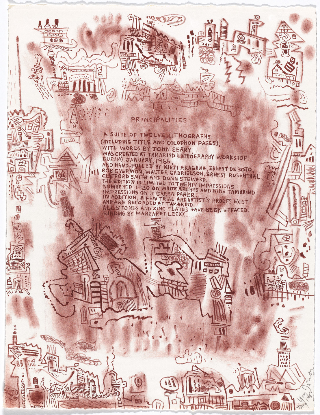 Ynez Johnston. Colophon page from Principalities. 1966