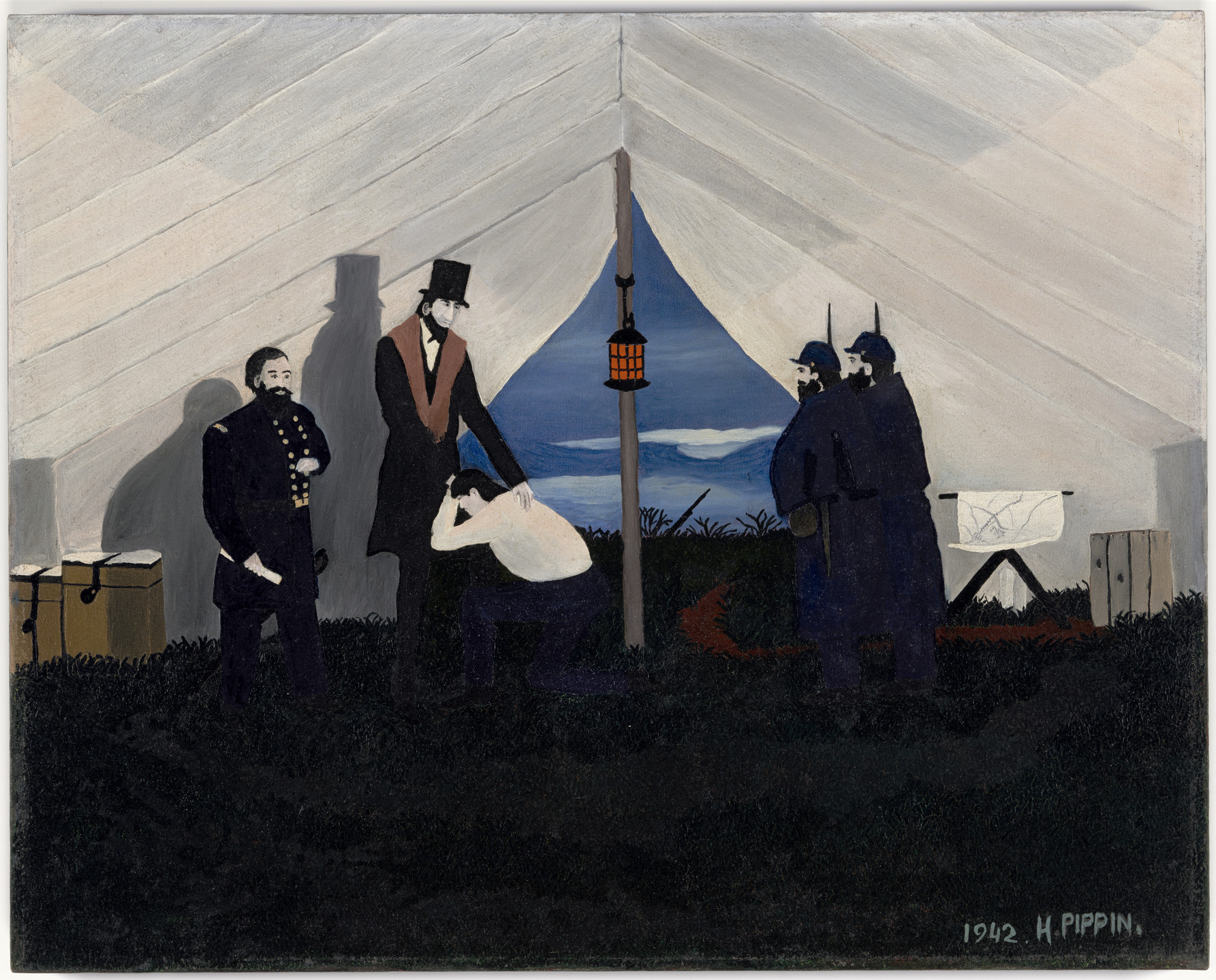 Several figures stand in a white tent under a cloudy sky, with one figure kneeling and holding their head. The scene includes dark uniforms, wooden boxes, and a lantern hanging from a pole. This is an AI generated description. To give feedback, email ai@moma.org.