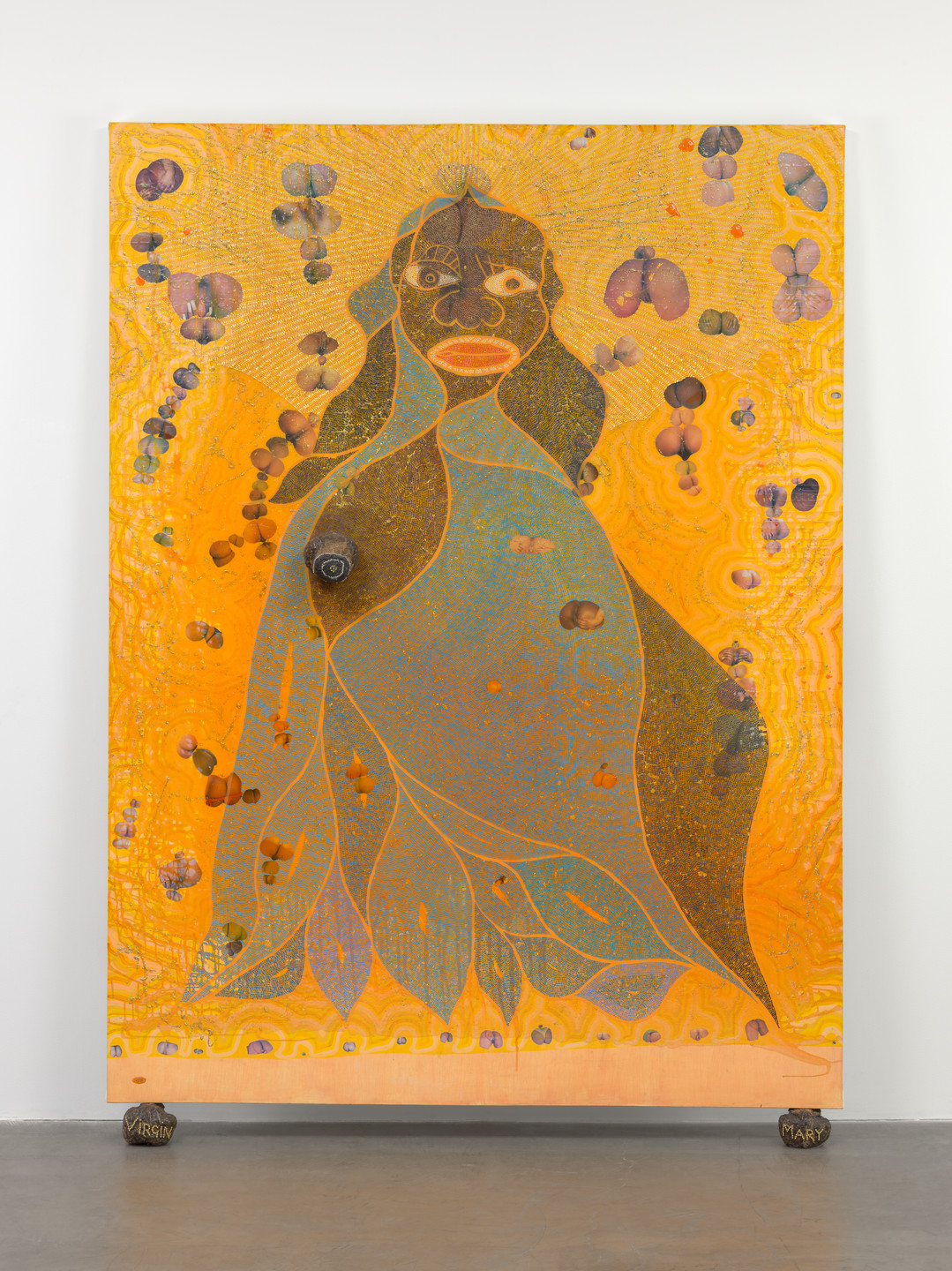 The image shows a figure with long hair outlined in green and brown hues, set against a bright yellow-orange background. Various circular and leaf-like shapes are scattered throughout. This is an AI generated description. To give feedback, email ai@moma.org.