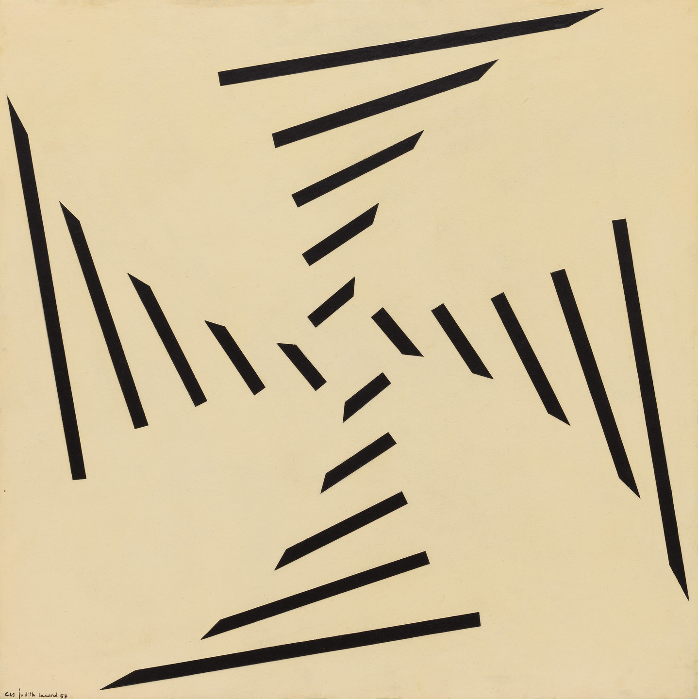 The image features a beige background with multiple black, elongated, triangular shapes arranged symmetrically in a circular pattern, creating a pinwheel effect. The shapes vary in length and are oriented in different directions. This is an AI generated description. To give feedback, email ai@moma.org.