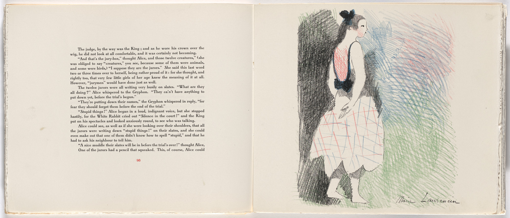 Marie Laurencin. "All persons more than a mile high to leave the Court" (plate, facing page 98) from Alice in Wonderland. 1930