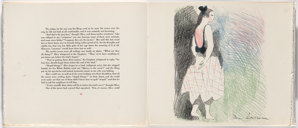 "All persons more than a mile high to leave the Court" (plate, facing page 98) from Alice in Wonderland
