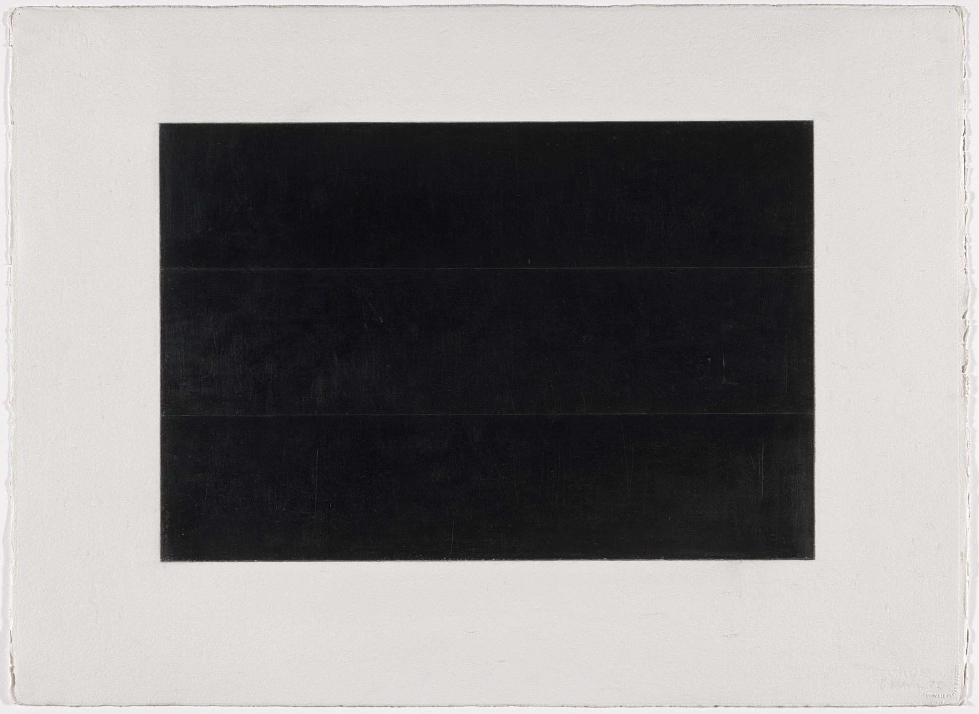 A large black square fills the center of a white rectangular canvas, with faint horizontal lines visible within the black area. The white border around the square is narrow and slightly textured. This is an AI generated description. To give feedback, email ai@moma.org.