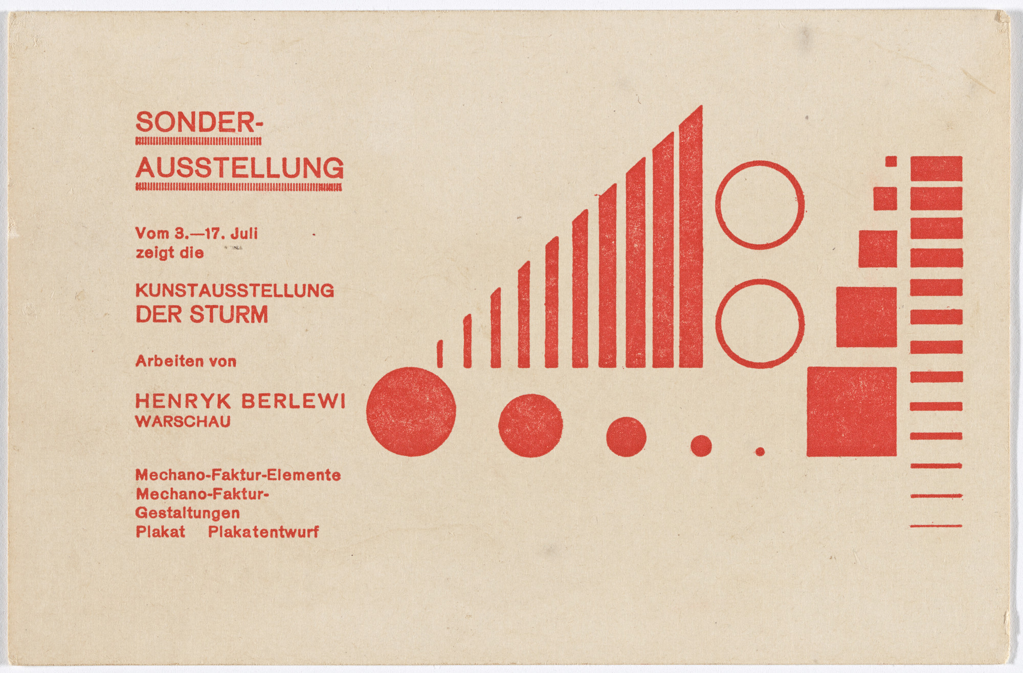 Henryk Berlewi. Postcard for Special Exhibition: Henryk Berlewi (Sonderausstellung: Henryk Berlewi), Galerie Der Sturm, Berlin, July 3–17, 1924. 1924