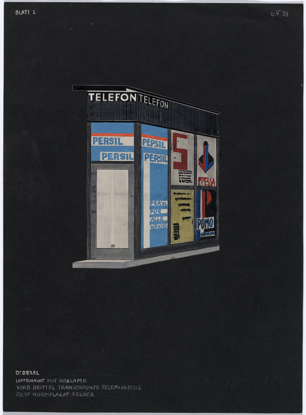Walter Dexel. Design for airshaft with advertising and telephone booth. 1928