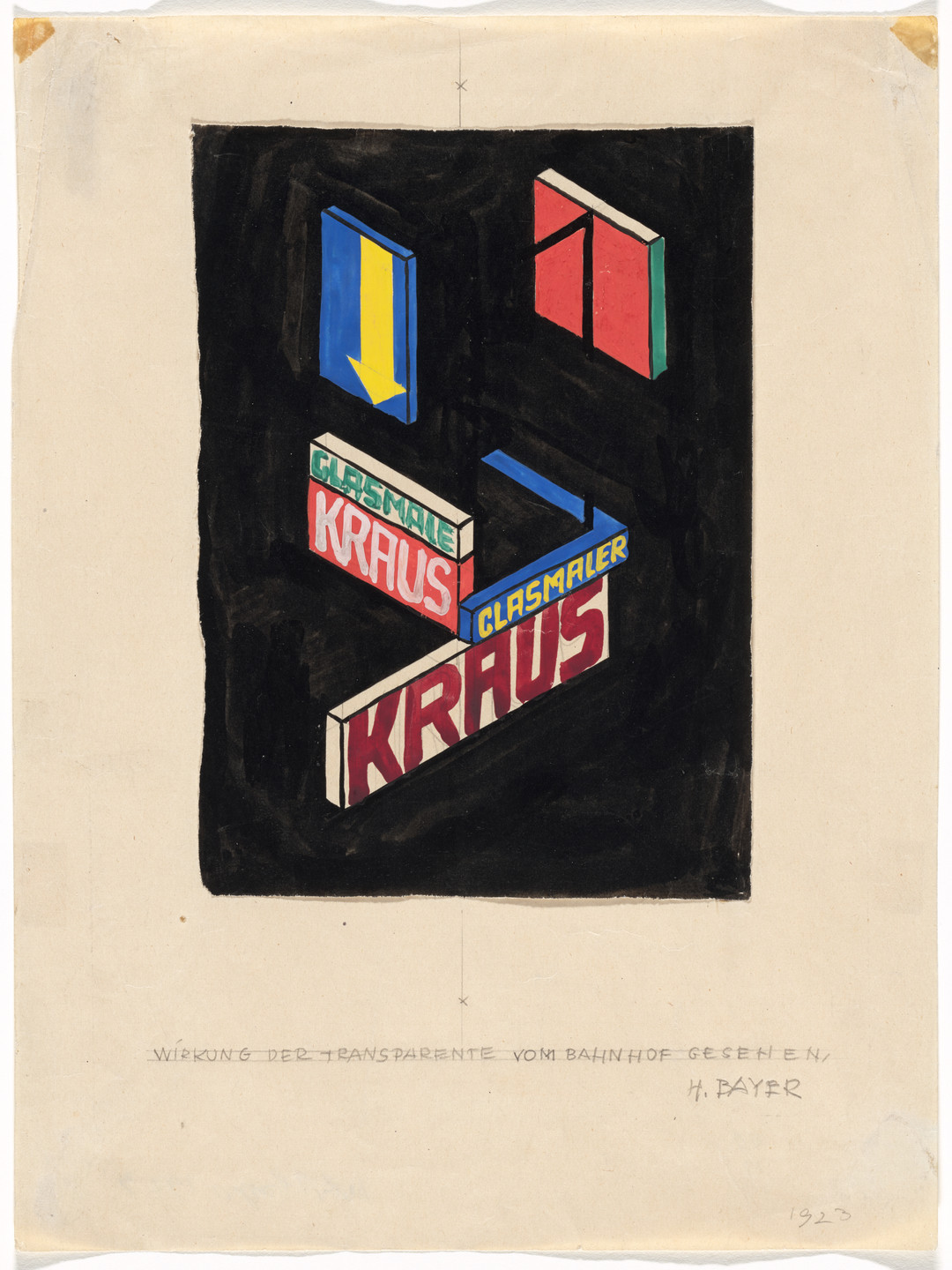 Herbert Bayer. Effect of Banners Seen from the Train Station (Wirkung der Transparente vom Bahnhof gesehen). Promotional design for glass painter Ernst Kraus. 1923