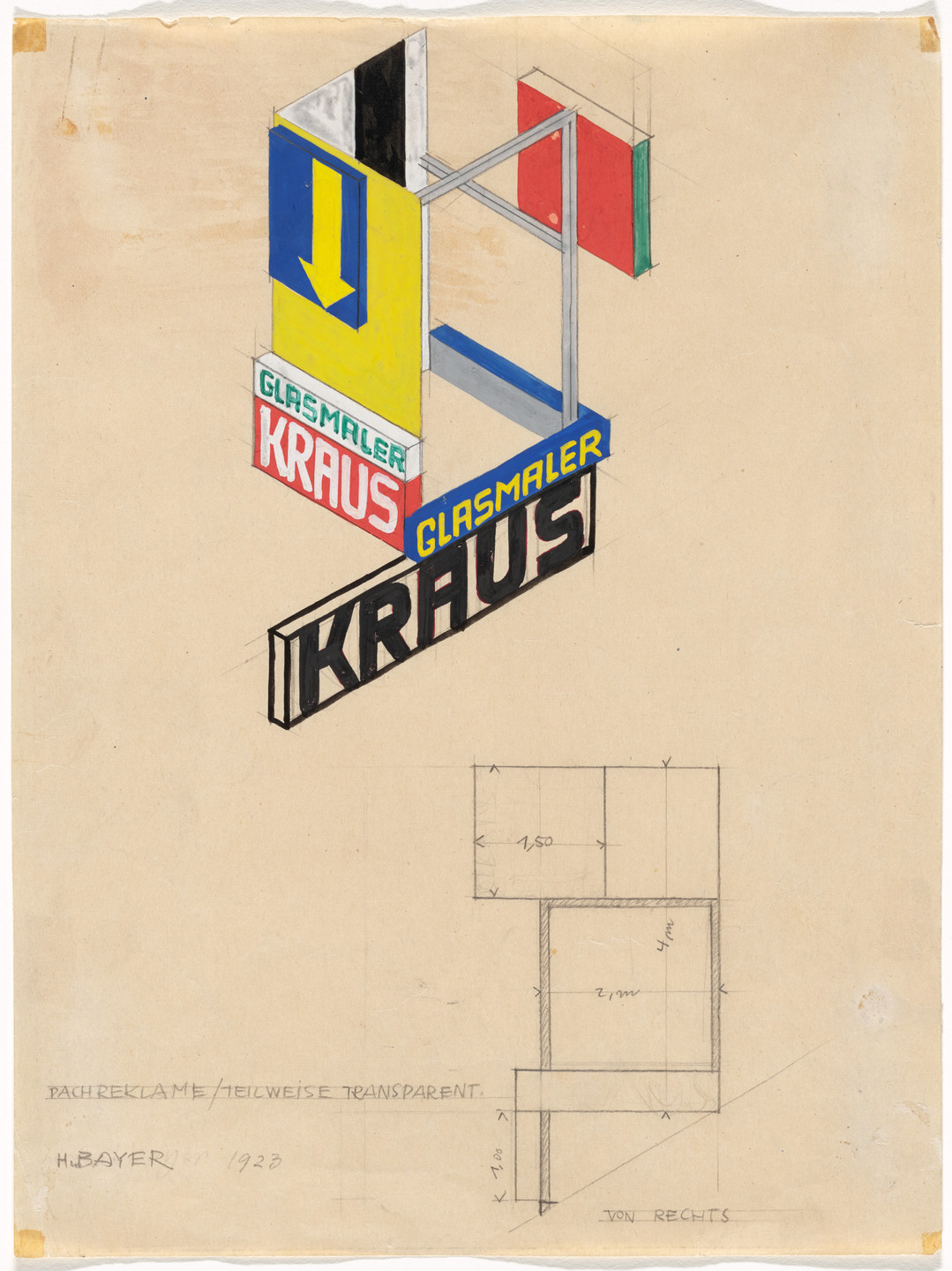 Herbert Bayer. Roof Advertisement/Partially Transparent (Dachreklame/Teilweise transparent). Promotional design for glass painter Ernst Kraus. 1923