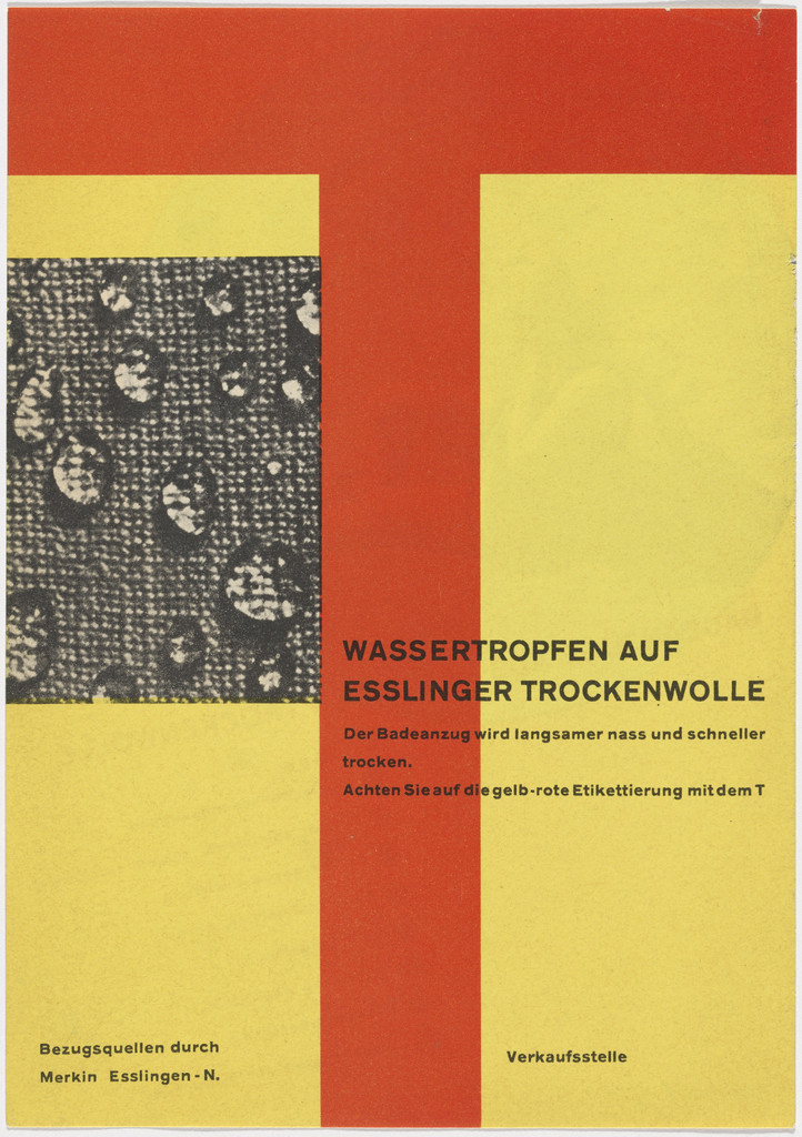 Side 1: Wassertropfen auf Esslinger Trockenwolle; side 2: Badeanzüge aus Esslinger Trockenwolle
