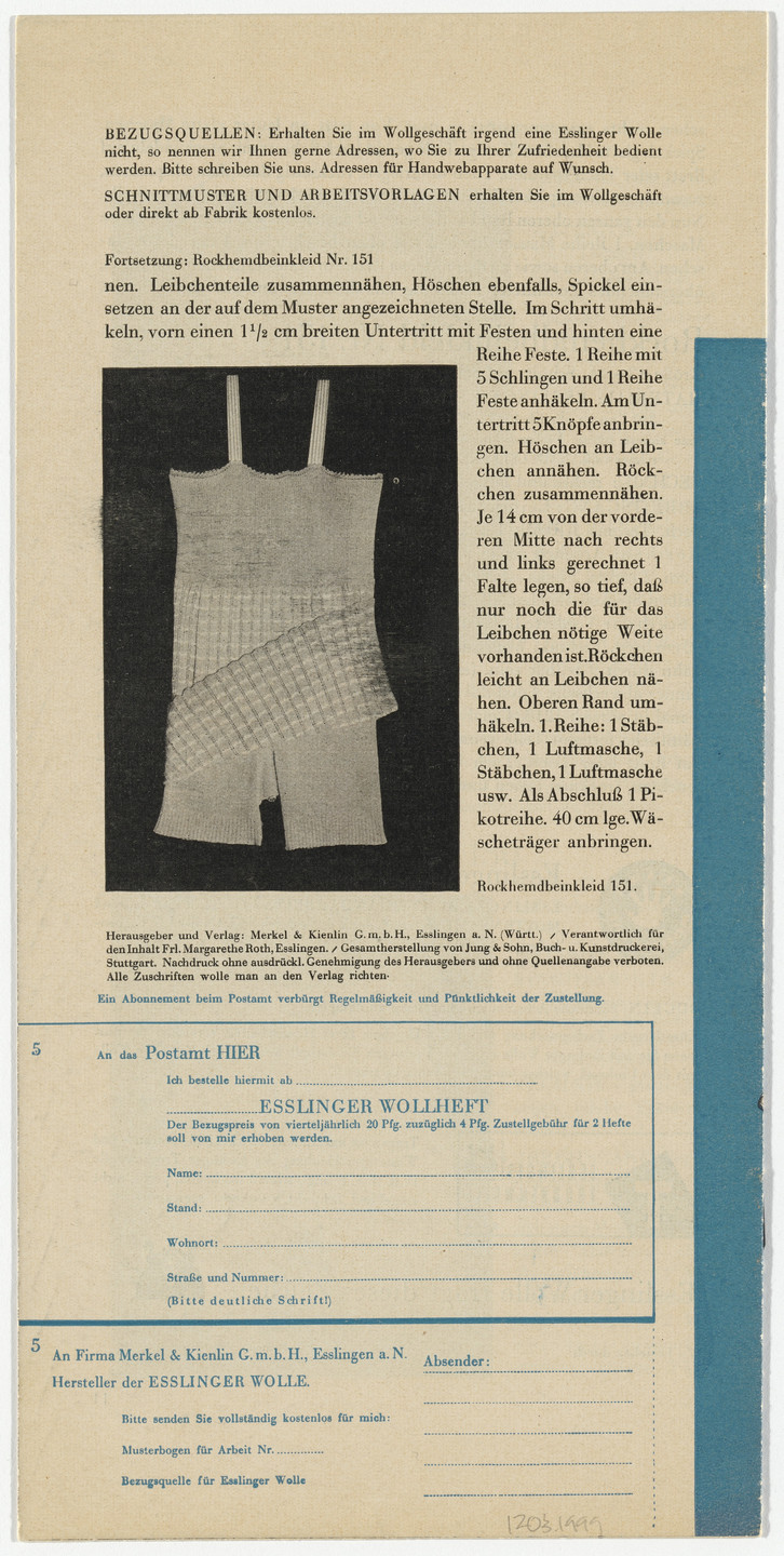 Unknown artist. Esslinger Wollheft 5: Unterkleidung. 1930–1932