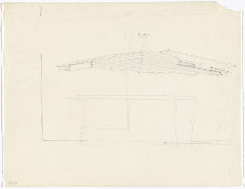 Mountain House Project, no intended site known (possibly Merano, South Tyrol, Italy), Perspective and plan sketch