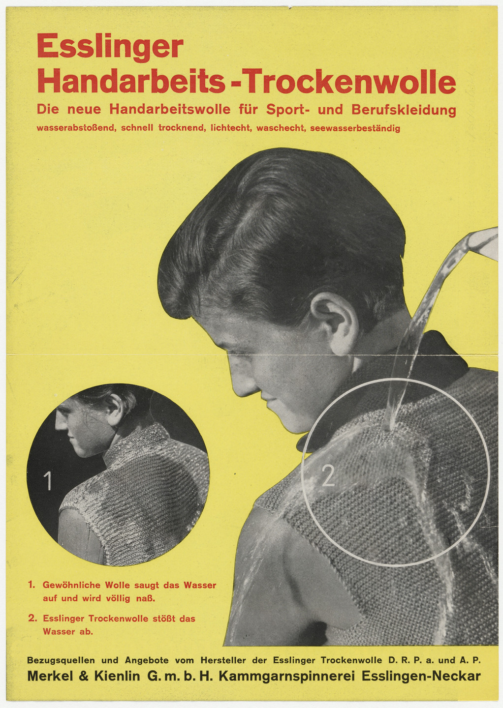 Unknown artist. Esslinger Handarbeits-Trockenwolle: Die neue Handarbeitswolle für Sport- und Berufskleidung (Esslinger Water-Repellent Wool for Hand Knitting: The New Knitting Wool for Sports and Work Clothing). 1930s