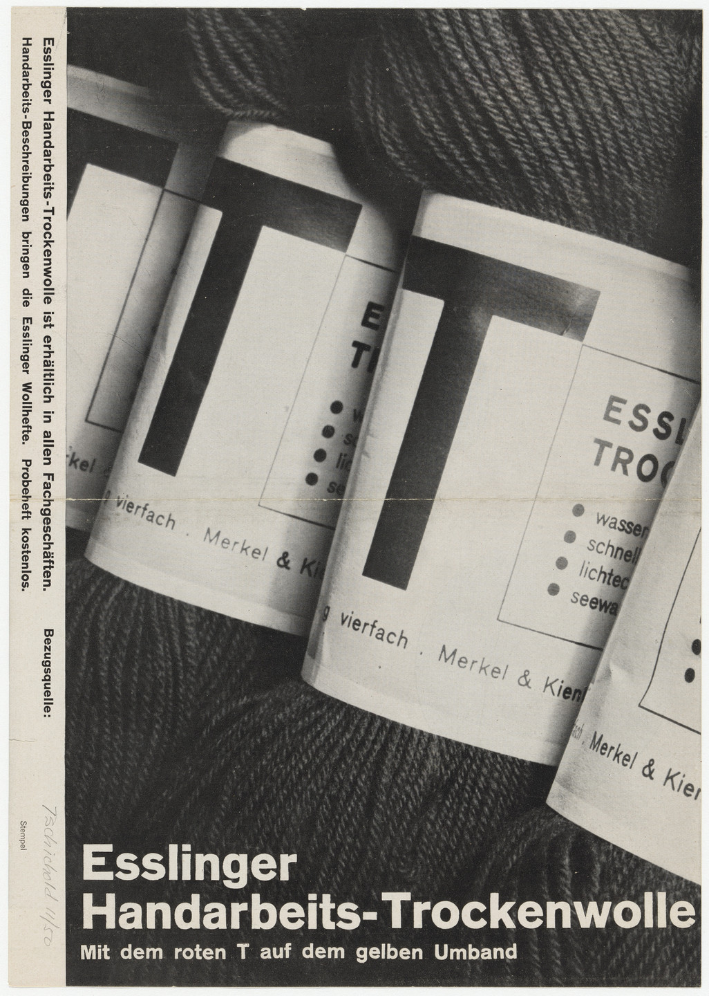 Unknown artist. Esslinger Handarbeits-Trockenwolle: Die neue Handarbeitswolle für Sport- und Berufskleidung (Esslinger Water-Repellent Wool for Hand Knitting: The New Knitting Wool for Sports and Work Clothing). 1930s