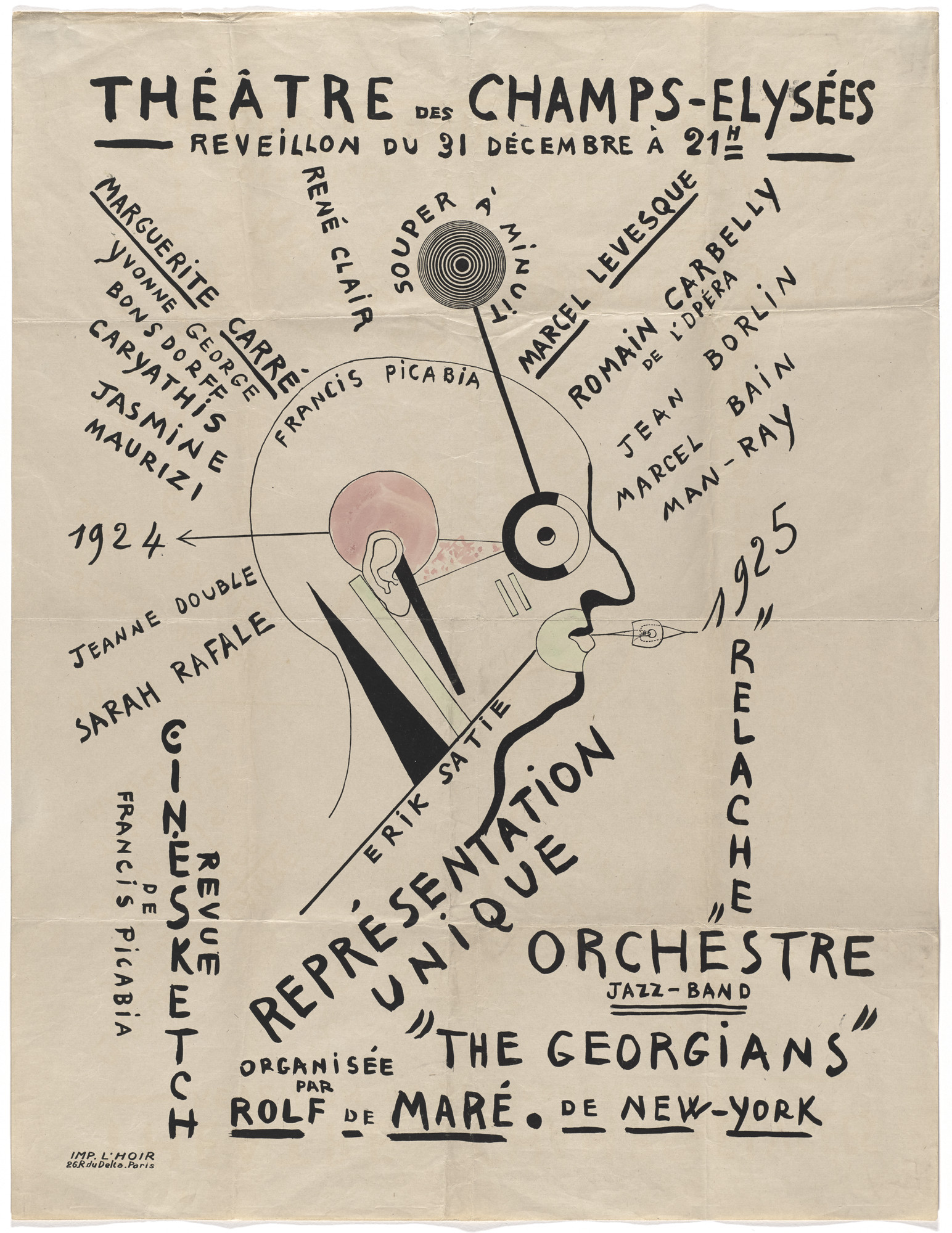 Francis Picabia. Poster for New Year’s Eve event featuring performances of Relâche and Cinésketch by Ballets Suédois, Théâtre des Champs Elysées, Paris, December 31, 1924