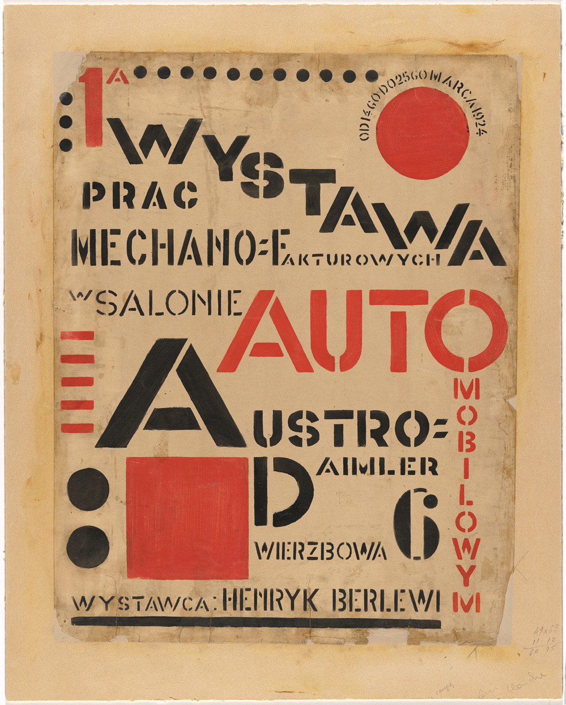 Henryk Berlewi. Poster for First Exhibition of Mechano-Facture (1 Wystawa prac mechanofakturowych), Austro-Daimler automobile showroom, Warsaw, March 14–25, 1924. 1924