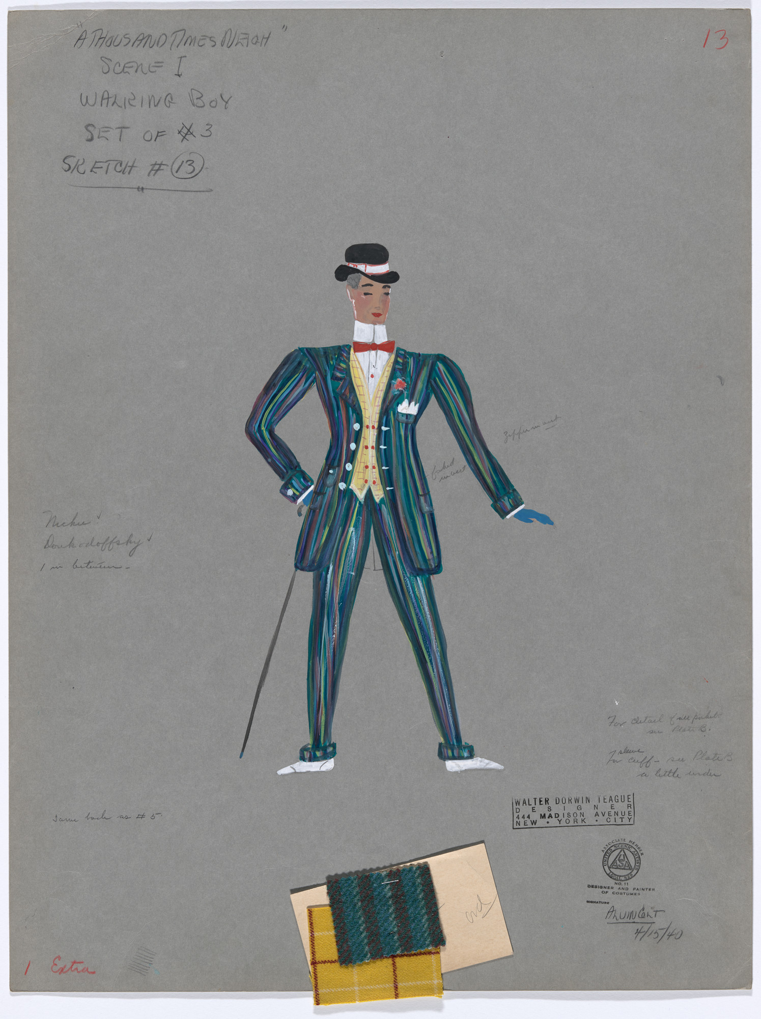 Alvin Colt. Walking Boy. Costume design for the ballet A Thousand Times Neigh; Untitled (verso)