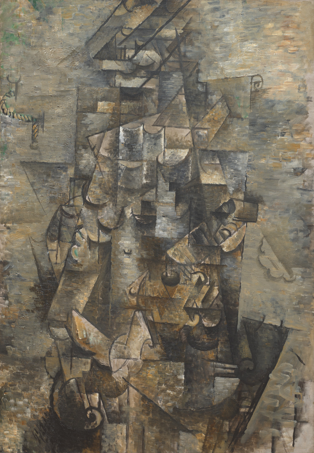 The image features a composition of geometric shapes in shades of brown, gray, and beige, overlapping and interlocking. Some areas have hints of green and small circular shapes. This is an AI generated description. To give feedback, email ai@moma.org.