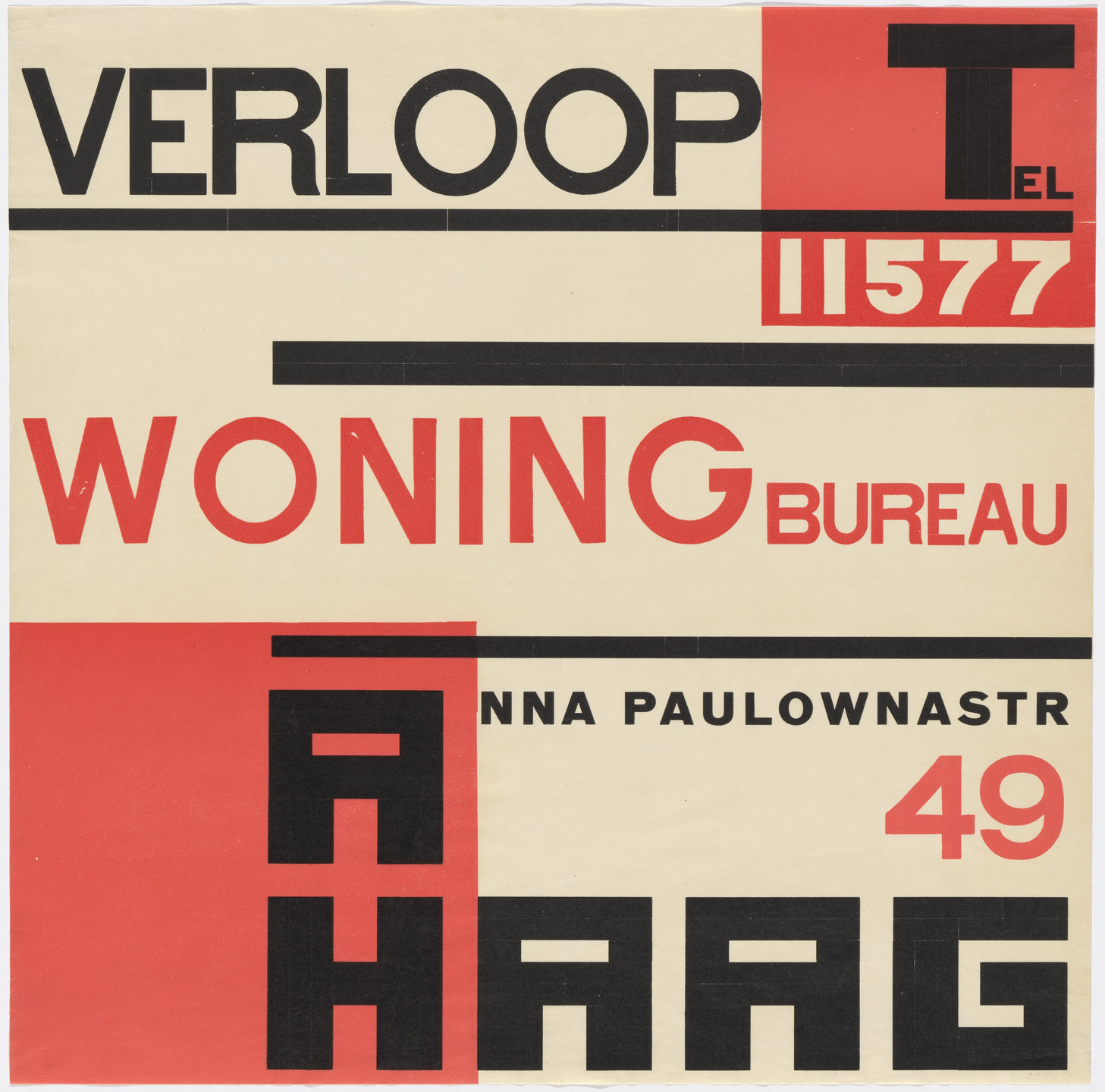Piet Zwart. Advertisement for a Housing Rental Office (Verloop Woning Bureau). 1923