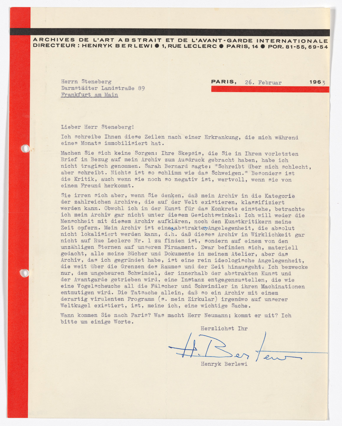 Henryk Berlewi. Archives d l’art abstrait et de l’avant-garde internationale letterhead (Letter from Berlewi to Steneberg). 1963