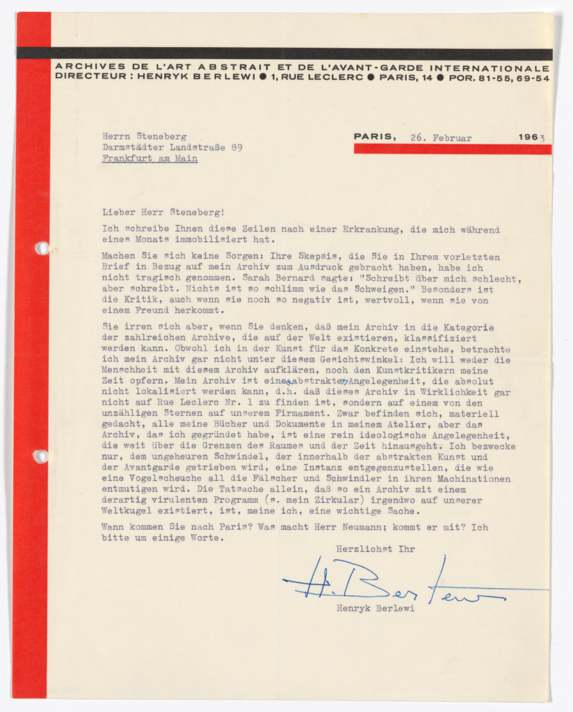 Archives d l’art abstrait et de l’avant-garde internationale letterhead (Letter from Berlewi to Steneberg)