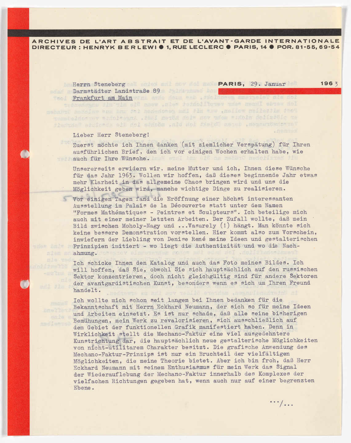 Henryk Berlewi. Archives d l’art abstrait et de l’avant-garde internationale letterhead (Letter from Berlewi to Steneberg). 1963
