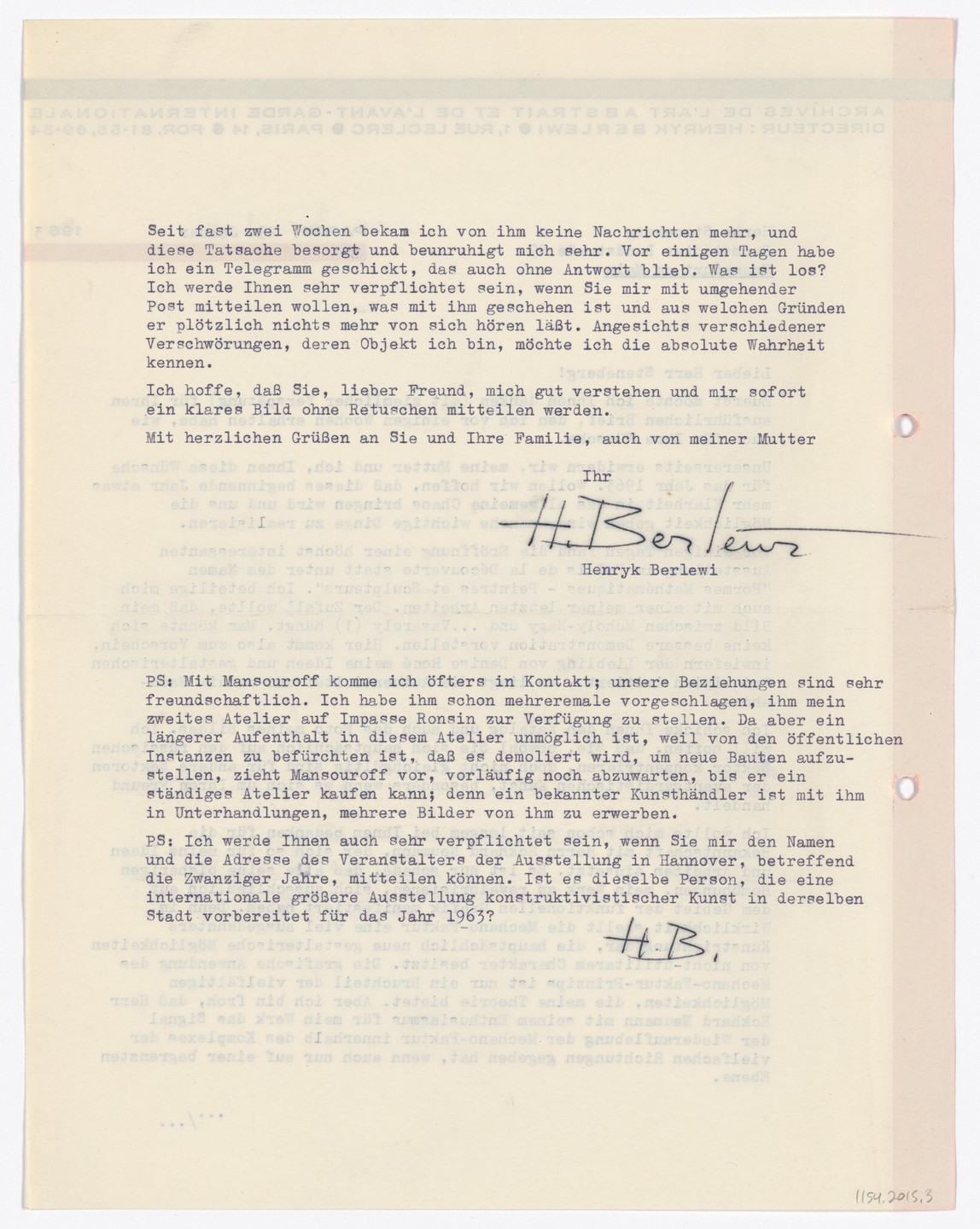 Henryk Berlewi. Archives d l’art abstrait et de l’avant-garde internationale letterhead (Letter from Berlewi to Steneberg). 1963