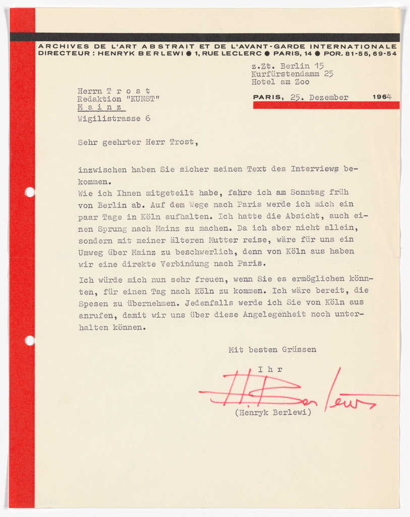 Archives d l’art abstrait et de l’avant-garde internationale letterhead (Letter to Trost)