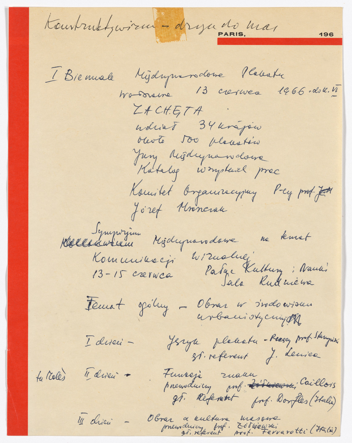 Henryk Berlewi. Archives d l’art abstrait et de l’avant-garde internationale letterhead (Handwritten list). 1966