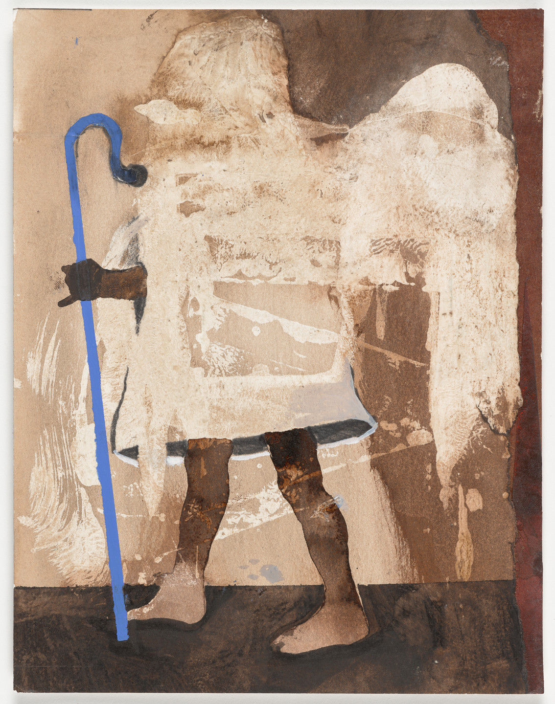A figure with indistinct features stands holding a blue cane on a brownish-beige background. The figure&#39;s legs and feet are prominently visible and appear to be brushed with shades of brown and black. This is an AI generated description. To give feedback, email ai@moma.org.