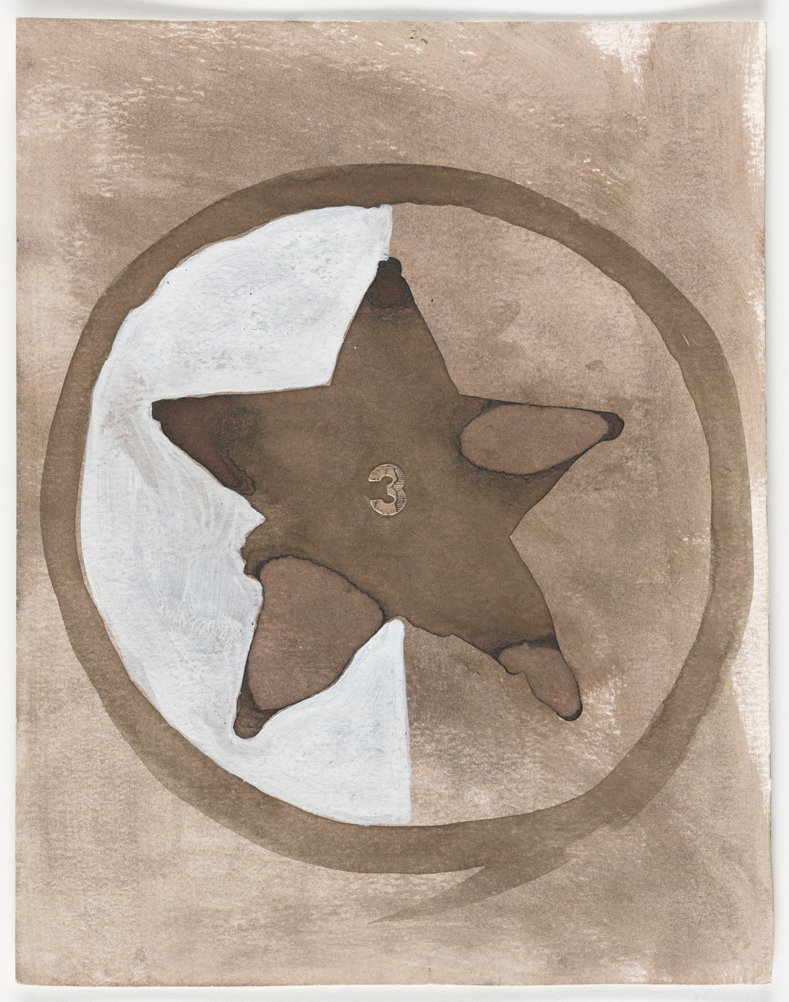A brown star with a number &#34;3&#34; inside is centered within a circle that&#39;s half brown and half white. The background is mainly light brown with shades of beige and white. This is an AI generated description. To give feedback, email ai@moma.org.