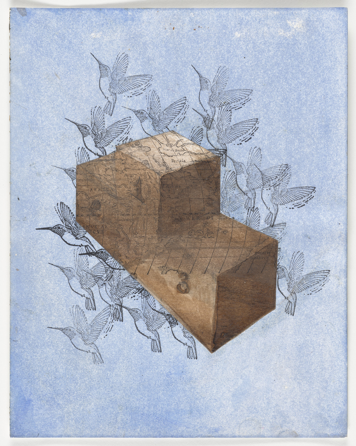 The image features a brown three-dimensional block with map patterns, centered on a light blue background. Surrounding the block are numerous lightly sketched birds in black ink, depicted in various angles of flight. This is an AI generated description. To give feedback, email ai@moma.org.