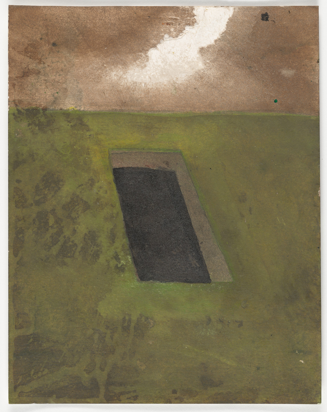 A predominantly green field with patchy brown and dark textures occupies most of the image. A dark rectangle is centrally placed, with a cloudy sky at the top. This is an AI generated description. To give feedback, email ai@moma.org.