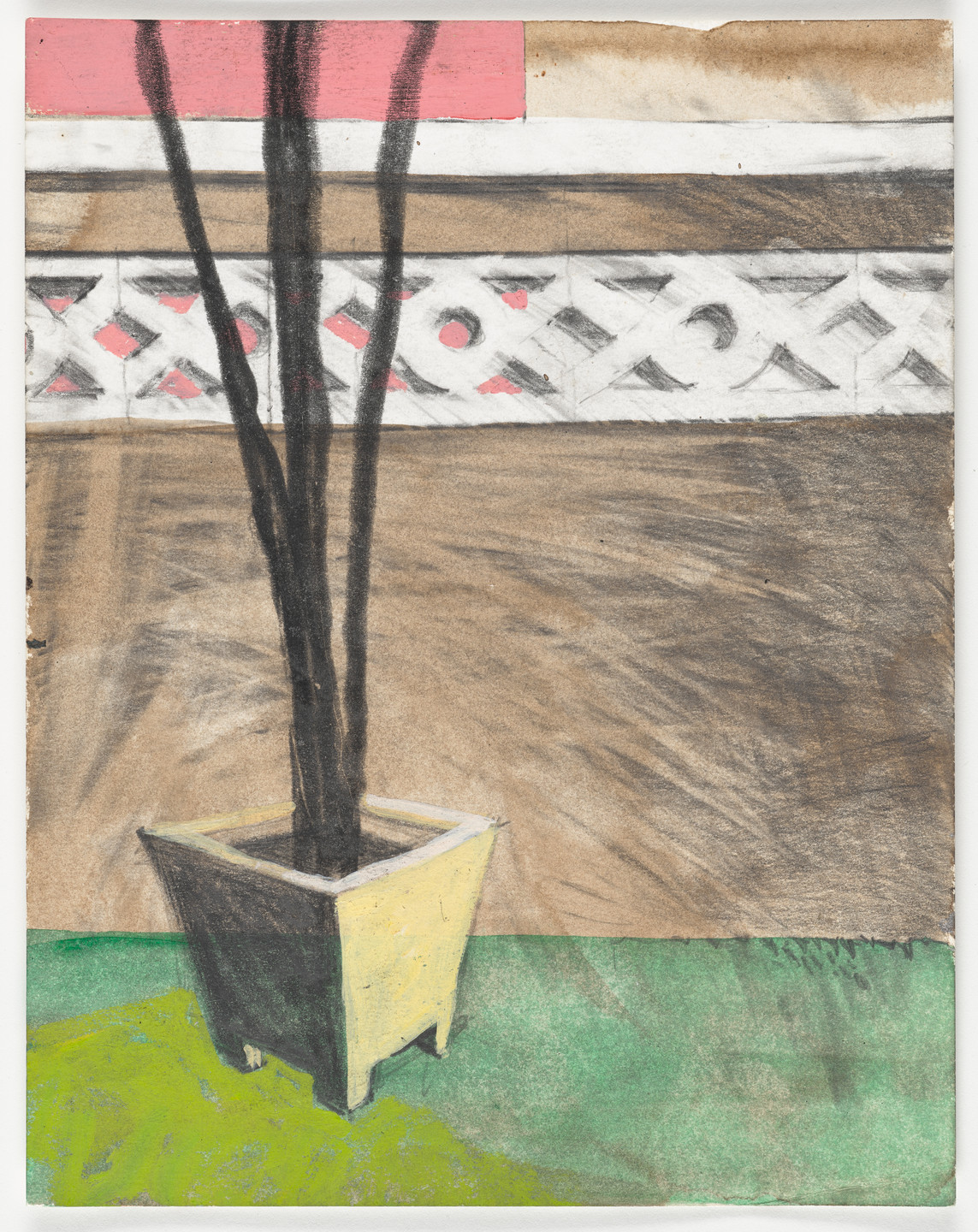 A yellow flower pot with black, vertical stems sits on a green surface. The background includes a brown area with a white, lattice-like fence and a pink band at the top. This is an AI generated description. To give feedback, email ai@moma.org.