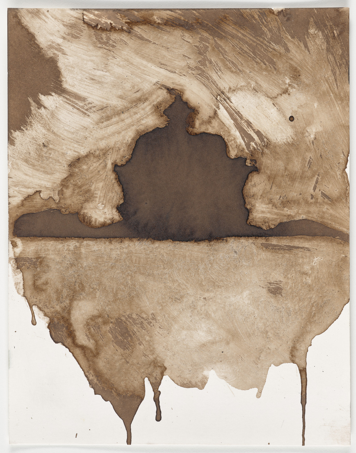 The image features an irregular, brown shape in the center, resembling a Rorschach inkblot. The predominant colors are different shades of brown, creating a texture that blends and drips down on a white background. This is an AI generated description. To give feedback, email ai@moma.org.
