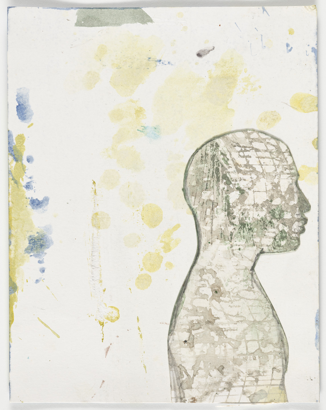 A textured silhouette of a head and upper body faces right, filled with rectangular patterns in muted gray and green tones. The background is mostly white with scattered yellow and blue splotches. This is an AI generated description. To give feedback, email ai@moma.org.