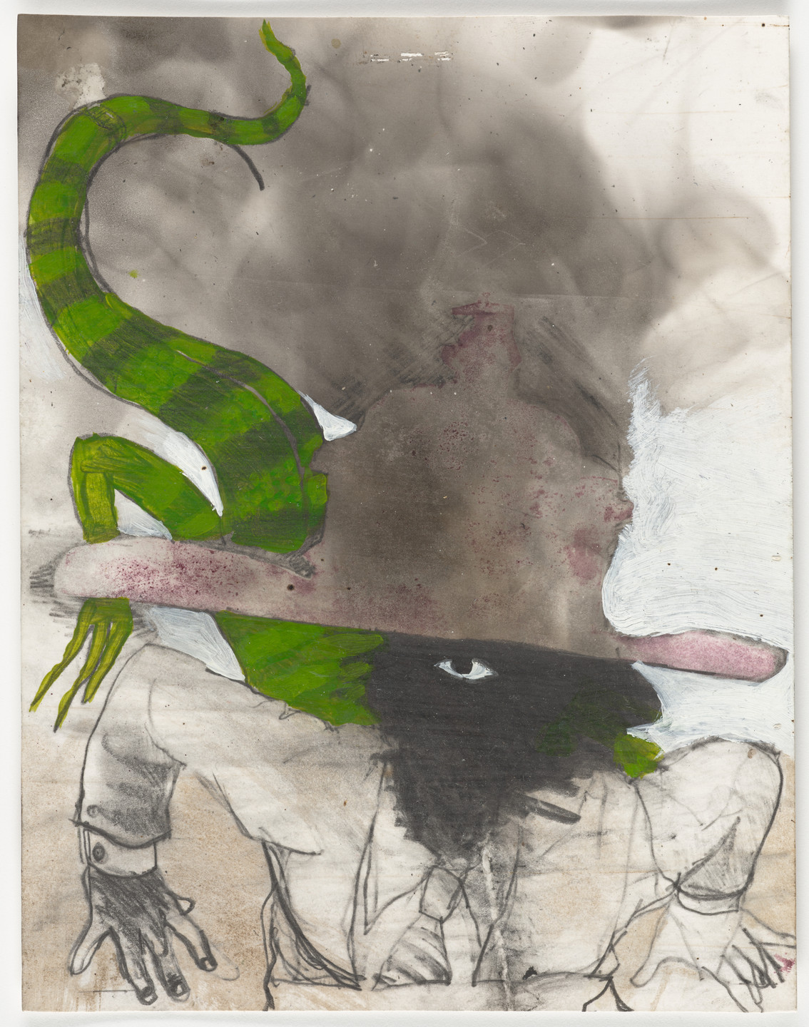 The image features a drawing with a mix of gray, green, white, and pink hues. A rough sketch of a person in a suit and tie is overlaid with a green, snake-like figure coiling over their head. This is an AI generated description. To give feedback, email ai@moma.org.