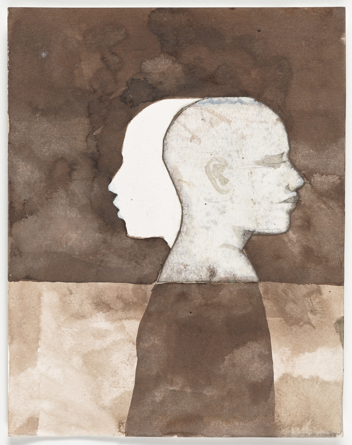 The image depicts two overlapping head profiles facing right, one dark and one light, set against a predominantly brown background with some lighter beige areas. The heads appear to merge at their base, creating a layered effect. This is an AI generated description. To give feedback, email ai@moma.org.