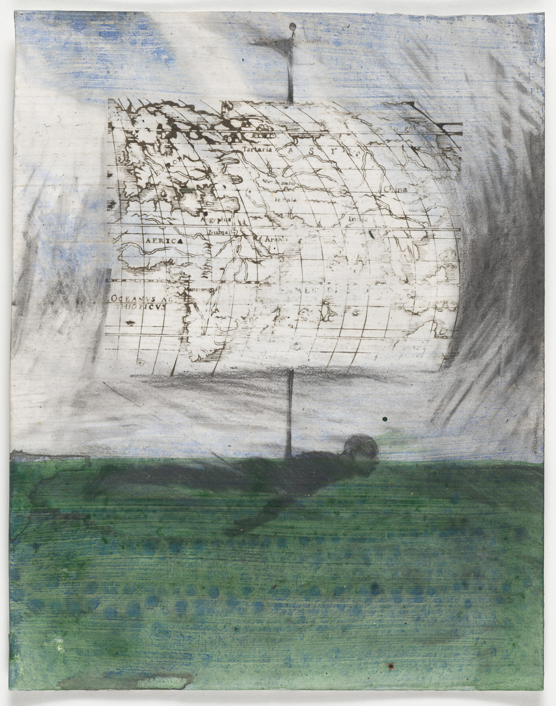 The image features a map drawn on a white flag fluttering on a black flagpole, set against a background of a cloudy, gray sky, and green, textured ground. The flag displays geographic markings including "Africa," "China," and "Tartaria." This is an AI generated description. To give feedback, email ai@moma.org.